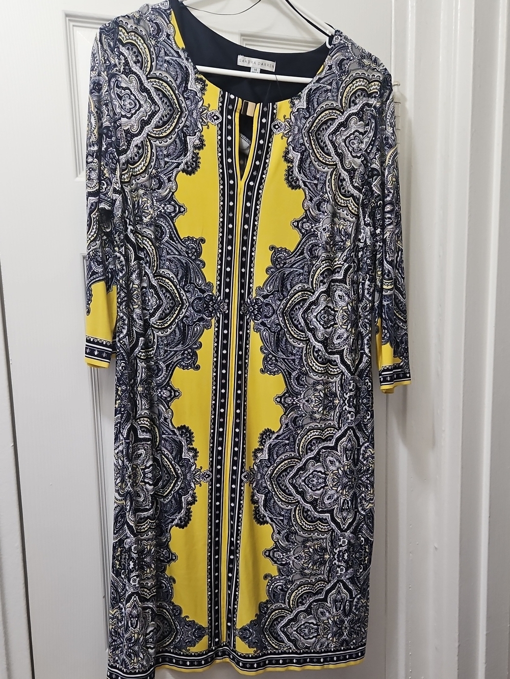 Sandra Darren Yellow and Navy Paisley-Print Midi Dress